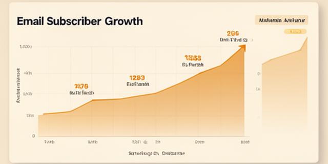 Email subscriber growth chart showing upward trend over six months on a warm-toned dashboard